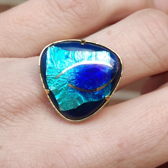 🦚 Vintage Dichroic Art Glass Peacock Eye Ring - Picture 5 of 5